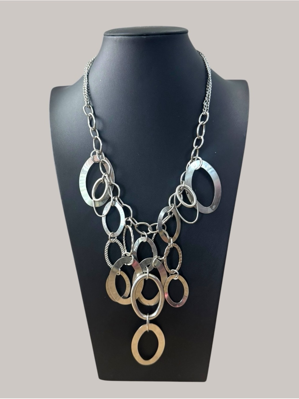 Vintage Silver Tone Multi Ring Statement Necklace – Chunky Layered Circle Bib Ne